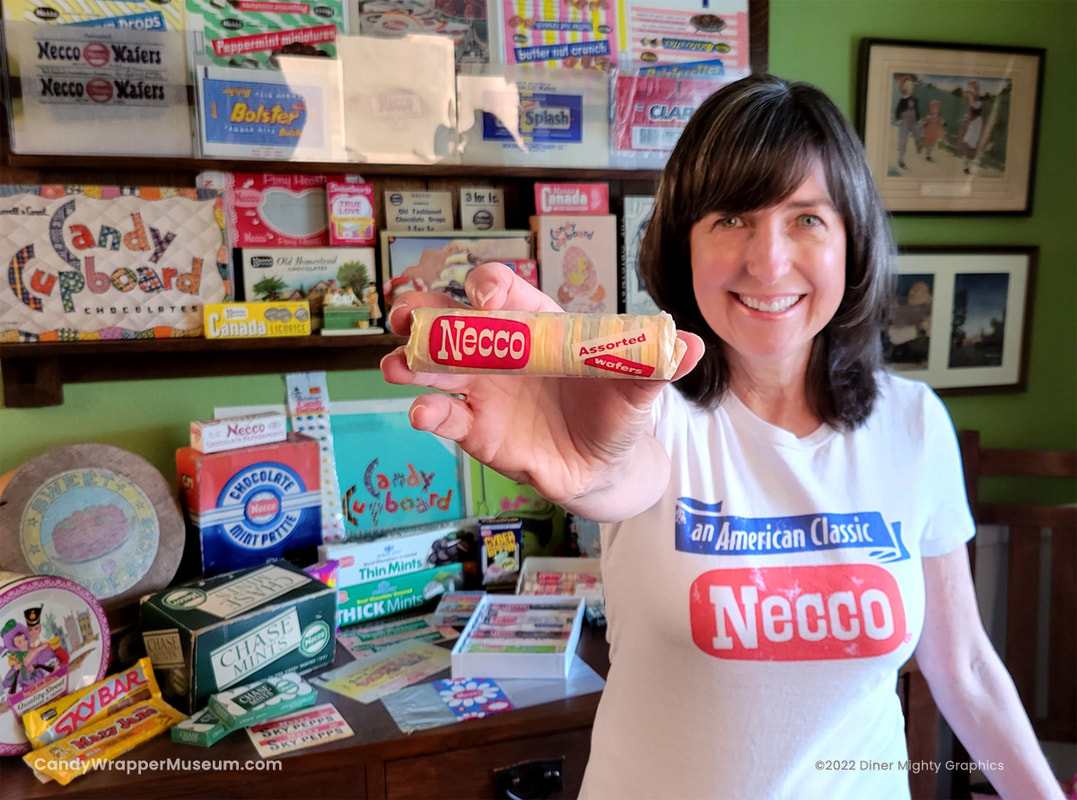Darlene Lacey holds a 1970s roll of Necco Wafers made in Cambridge, Massachusetts by The New England Confectionery Company – Necco.