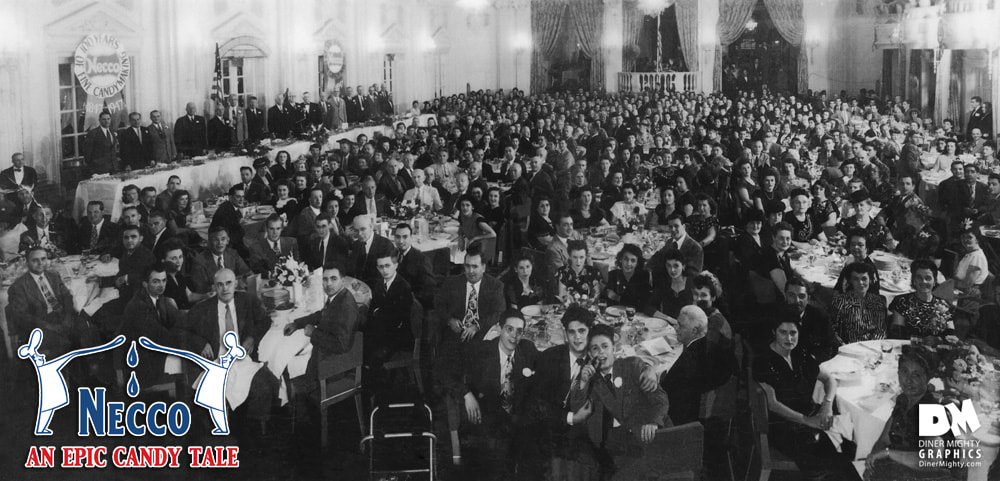 Large banquet room fillled with hundreds of people sitting at tables celebrating Necco's 100 Year Anniversary dinner dance at boston's Copeley plaza Hotel, 1947.