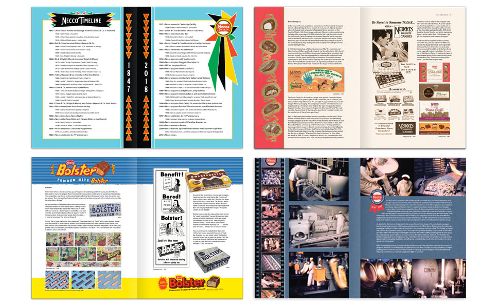 Four book spreads showing a Necco history timeline, Norris Candies, the Necco Bolster bar, and the 1941 Necco factory.