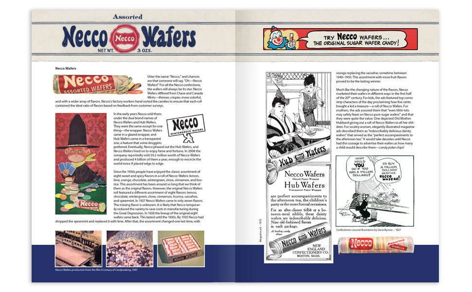 Open book spread showing Necco Wafers candy and advertisements throughout the years.