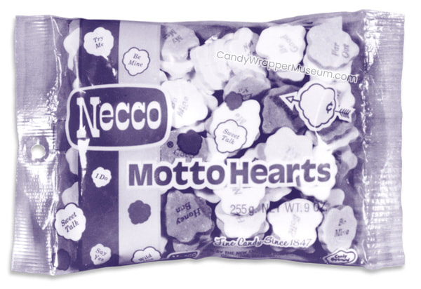 Vintage photo of a bag of Necco Motto Hearts.