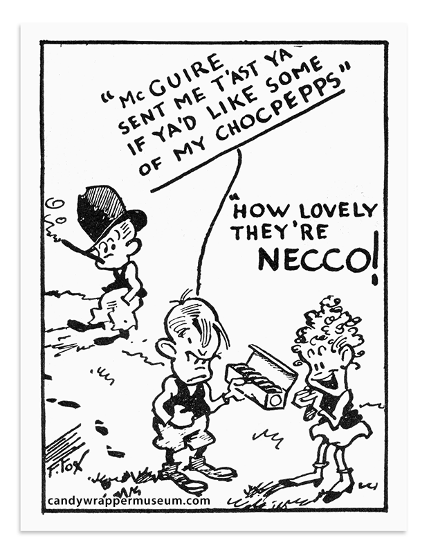 1927 Necco Peppermints advertisement. B&W ink illustration of children. A boy is offering candy to a girl. The other boy watches while smoking a cigar. Art by Fontaine Fox.