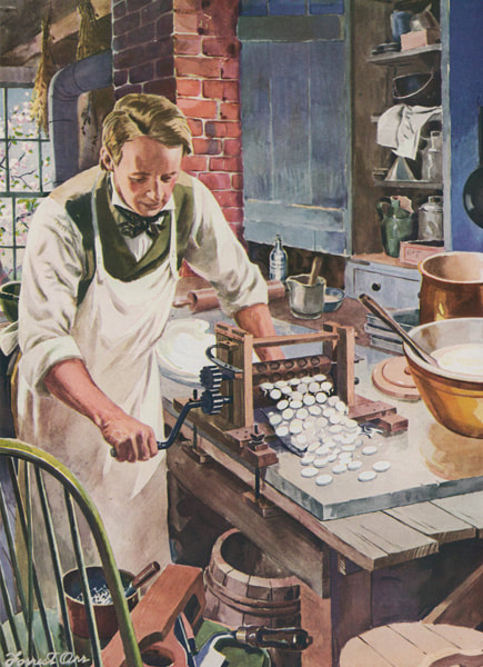 Painting of Oliver Chase demonstrating his lozenge cutting machine.