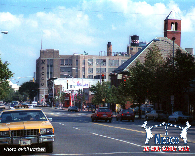 Photo from the 19080s of the Necco Cambridge Factory at 244 Massachusetts Ave showing short smokestack. Photo by photographer Phil Barber. Copyright 2022. From the book 